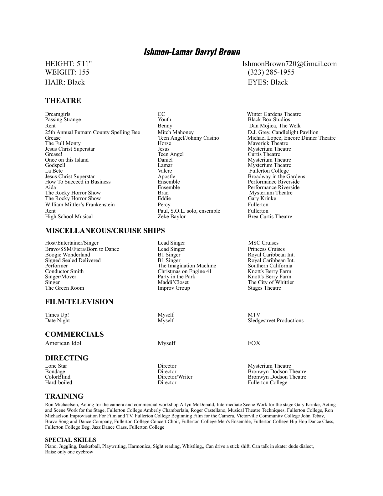 Preview of Ishmon Brown’s performance résumé